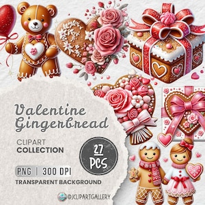 Watercolor Sweet Valentines Gingerbread Collection Clipart, 27 Valentines Day png Clipart, Valentines Day Bundle, Romantic Cookie Designs