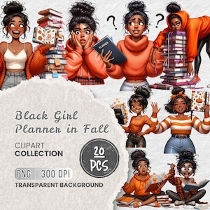 秋のブラックガールプランナークリップアート、心地よい秋のアフロガールPNG、秋の日記帳、スクラップブッキング＆昇華、クラフト用のかわいいデジタルステッカー