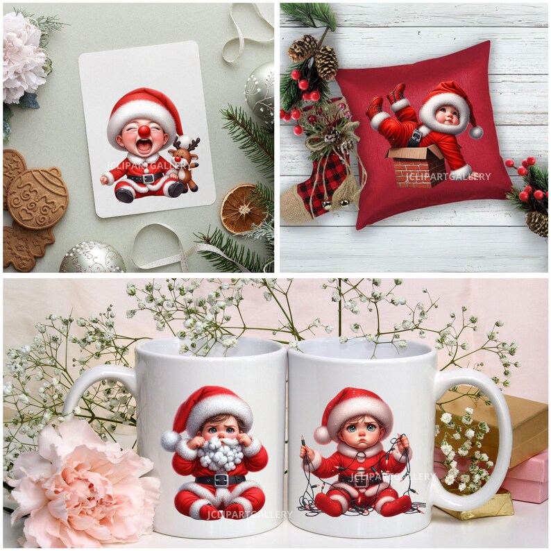 May include: A festive Christmas-themed image featuring a baby dressed as Santa Claus. The image includes a greeting card, a red pillow, two white mugs, and a Christmas stocking. The baby is depicted in various poses, adding a playful touch to the holiday decor.