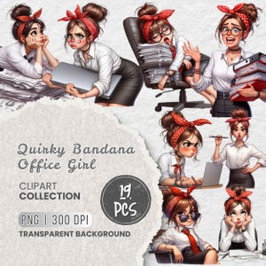 May include: A digital clipart collection titled "Quirky Bandana Office Girl" featuring illustrations of a woman in various office scenarios. The images show her wearing a white shirt, black skirt, and a red bandana. The collection includes 19 PNG images with a transparent background.