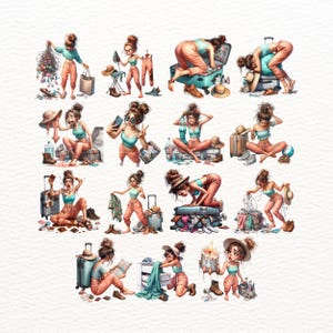 May include: A watercolor illustration depicts a woman in various poses, surrounded by travel items. She is wearing a teal top and peach-colored pants. The scenes show her packing, unpacking, and dealing with travel-related challenges. The image has a light, airy feel.