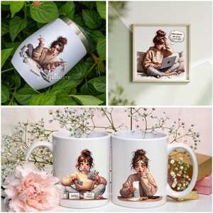 Puede incluir: Dos tazas blancas con ilustraciones de una mujer con cabello casta&ntilde;o y una camisa blanca. La mujer de la taza de la izquierda est&aacute; sosteniendo dinero y tiene cajas etiquetadas como "Ahorros" y "Date un capricho". La mujer de la taza de la derecha est&aacute; sosteniendo un recibo y parece estresada. Las tazas est&aacute;n sobre una superficie blanca con flores rosas.