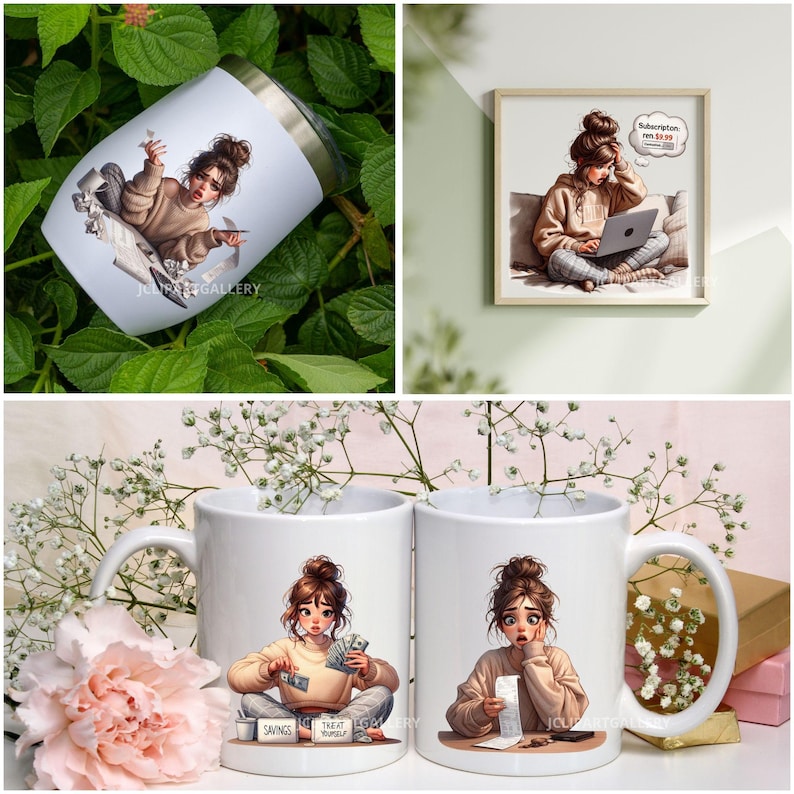 Puede incluir: Dos tazas blancas con ilustraciones de una mujer con cabello casta&ntilde;o y una camisa blanca. La mujer de la taza de la izquierda est&aacute; sosteniendo dinero y tiene cajas etiquetadas como "Ahorros" y "Date un capricho". La mujer de la taza de la derecha est&aacute; sosteniendo un recibo y parece estresada. Las tazas est&aacute;n sobre una superficie blanca con flores rosas.