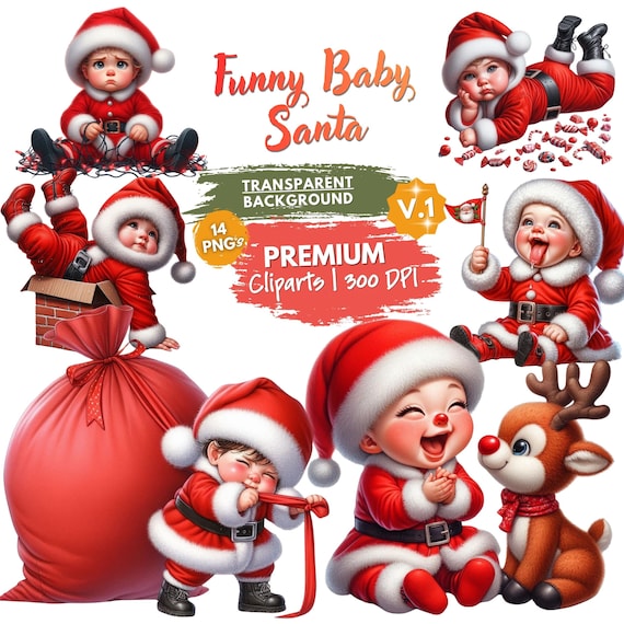Funny Baby Santa Clipart PNG Bundle, Cute Christmas Baby in Santa Outfit, Holiday Baby Art for Sublimation, Stickers, Crafts & Cards