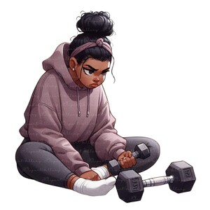 May include: Illustration of a person in a mauve hoodie and gray leggings, seated with two dumbbells. One dumbbell is held in the hand, the other rests on the floor. The dumbbells are black and marked with the number 15.