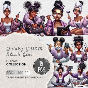 GRWM 風変わりな黒人女性向けクリップアート集、メイクアップ＆スキンケアのイラスト、面白いセルフケアキャラクター、アフロアメリカンガール、昇華転写、クラフト