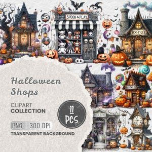 Whimsical Halloween Shop Clip Art, Spooky Boutique Storefront, Halloween Candy Shop, Haunted House, Junk Journaling, Scrapbooking, Crafts