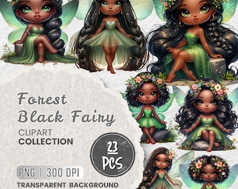 Green Forest Fairy Clipart PNG Bundle, Dark Skin Fairies PNG, African American Fairy Princess with Floral Crowns, Black Woman, Cute Fairies