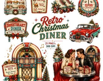 Puede incluir: Una colección de ilustraciones digitales con temática de restaurante navideño retro, que incluye vitrina de pasteles, menú, patines, reloj, letrero, coche rojo, gramola y una pareja con el texto Retro Christmas Diner 21 PNG's 300 DPI.
