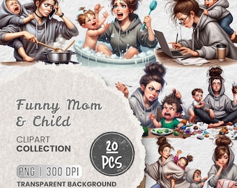 Paquete de imágenes prediseñadas divertidas de mamá e hijo, imágenes divertidas de madre y bebé, imágenes prediseñadas del Día de la Madre, sublimación, pegatinas, manualidades, impresión a pedido.