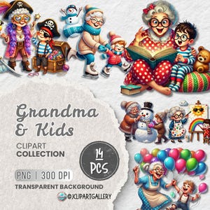 Grandma and Kids Clipart Png Bundle for Sublimation, Whimsical Cartoon PNG Files, Cute Granny Illustrations, Scrapbooking, Crafts, & Gifts