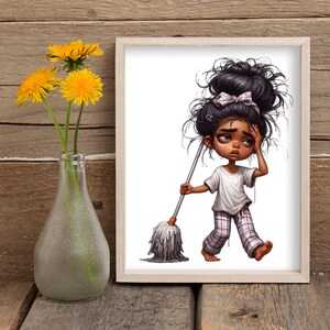 May include: A digital illustration of a young girl with brown skin and black hair wearing a white shirt and plaid pajamas. She is holding a mop and looks tired.