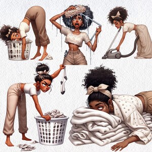 May include: A digital illustration depicts a woman performing various household chores. She is shown bending over a laundry basket, vacuuming, and holding a mop. The woman is wearing a white top and tan pants.