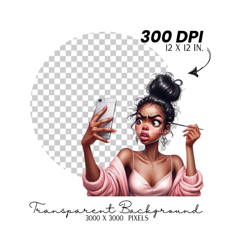 Puede incluir: Una ilustraci&oacute;n digital de una mujer de piel oscura tomando una selfie con un tel&eacute;fono inteligente mientras se maquilla con una brocha. Lleva un c&aacute;rdigan rosa y un top rosa. El fondo es transparente.