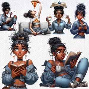 Black Girl Reading Clipart Bundle, Cozy Book Lover for Journaling, Quirky Black Girl Clipart, Afro Girl Clipart, Scrapbooking, Sublimation image 5