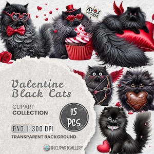 バレンタインデーの黒猫 PNG クリップアート バンドル、動物クリップアート、昇華、工芸、DIY プロジェクト、印刷物用のロマンチックな猫の PNG