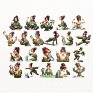 May include: A collection of 20 illustrations of a woman in various poses, each depicting a different activity related to health and wellness. The illustrations are in a cartoon style and feature a variety of colors, including green, brown, and pink.