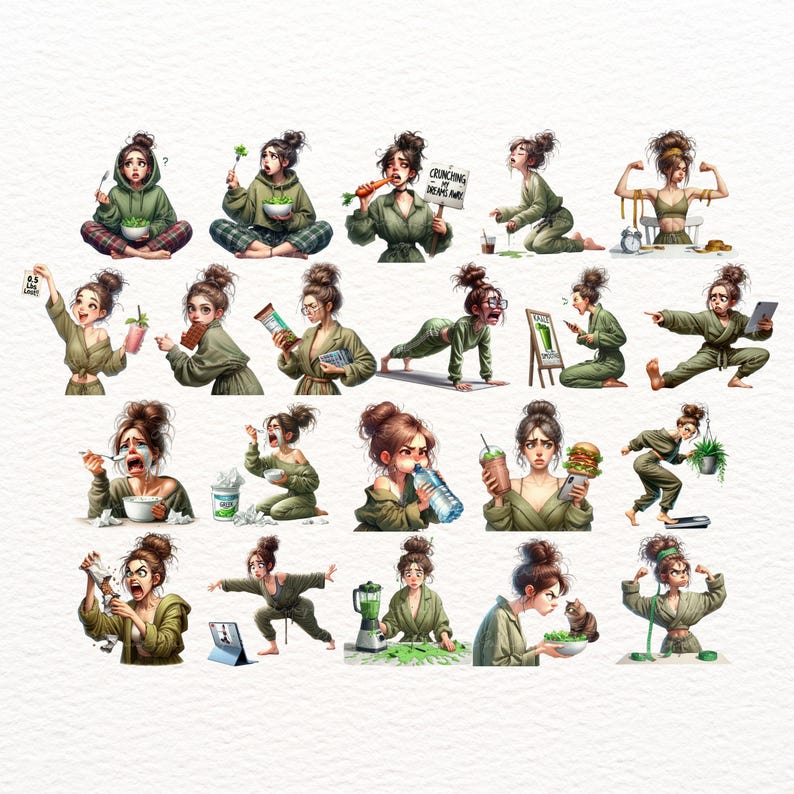 May include: A collection of 20 illustrations of a woman in various poses, each depicting a different activity related to health and wellness. The illustrations are in a cartoon style and feature a variety of colors, including green, brown, and pink.