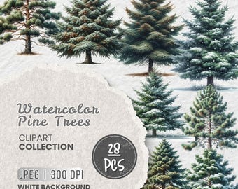 Imágenes prediseñadas de árboles forestales en acuarela, pinos JPG, bosque de pinos, árboles forestales, árboles individuales, creación de tarjetas, diario basura, sublimación