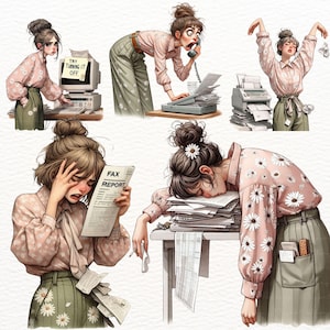 K&ouml;nnte beinhalten: Eine digitale Illustration zeigt eine Frau in verschiedenen stressigen Situationen mit einem Faxger&auml;t und Papierkram. Sie tr&auml;gt eine rosa Blumenbluse und gr&uuml;ne Hose. Die Szenen zeigen sie im Umgang mit der Maschine, am Telefon und &uuml;berfordert von Dokumenten.