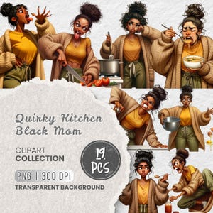 Puede incluir: Colecci&oacute;n de im&aacute;genes predise&ntilde;adas digitales titulada "Quirky Kitchen Black Mom". La imagen presenta ilustraciones de una mujer negra en varios escenarios de cocina, con una camiseta amarilla, pantalones verde oliva y una rebeca marr&oacute;n. La colecci&oacute;n incluye 19 archivos PNG a 300 DPI con fondo transparente.