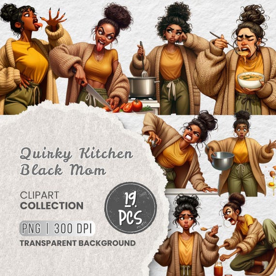Quirky Kitchen Black Mom Clipart, Funny Cooking Mom PNG, Black Woman Chef, Cozy Kitchen Clipart for Sublimation, Stickers, Journals & Crafts