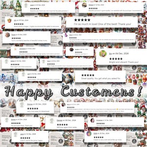 May include: A collage of customer reviews with the text "Happy Customers!" in the center. Reviews include star ratings and comments about the quality and ease of use of the products. The reviews are from various dates in November and December 2024.