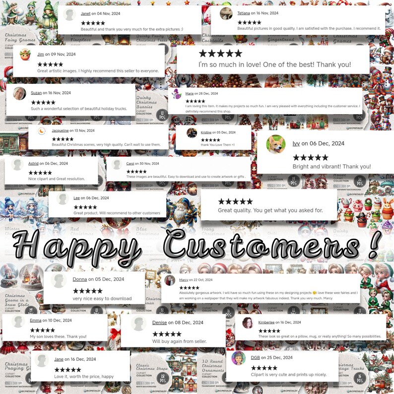 May include: A collage of customer reviews with the text "Happy Customers!" in the center. Reviews include star ratings and comments about the quality and ease of use of the products. The reviews are from various dates in November and December 2024.