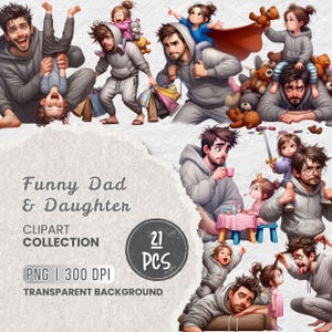 Lot de cliparts drôles pour papa et fille, illustrations numériques mignons pour père et petite fille, sublimation, travaux manuels, autocollants et impression à la demande