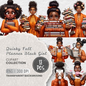 May include: A digital clipart collection of 13 planner stickers featuring Black girls with fall-themed outfits and accessories. The stickers include stacks of books, planners, and fall leaves. The text "Quinky Fall Planner Black Girl" and "13 PCS" are also included in the image.
