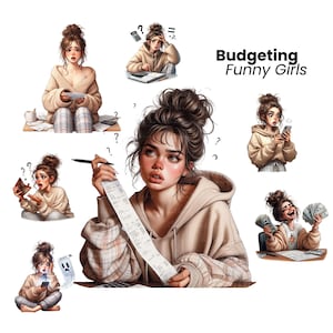 Puede incluir: Un conjunto de ilustraciones de mujeres con diferentes expresiones y poses, que representan los desaf&iacute;os de la presupuestaci&oacute;n. El t&iacute;tulo "Budgeting Funny Girls" se muestra en la parte superior de la imagen.