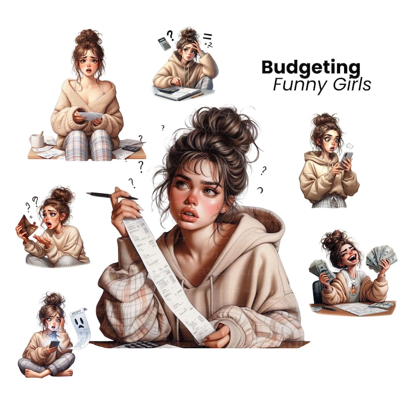 Puede incluir: Un conjunto de ilustraciones de mujeres con diferentes expresiones y poses, que representan los desaf&iacute;os de la presupuestaci&oacute;n. El t&iacute;tulo "Budgeting Funny Girls" se muestra en la parte superior de la imagen.