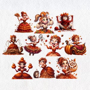 May include: A collection of whimsical illustrations featuring cartoon women in autumn-themed dresses. Each character is adorned with fall foliage and accessories, such as pumpkins, squirrels, and leaves. The color palette includes shades of orange, red, and brown.