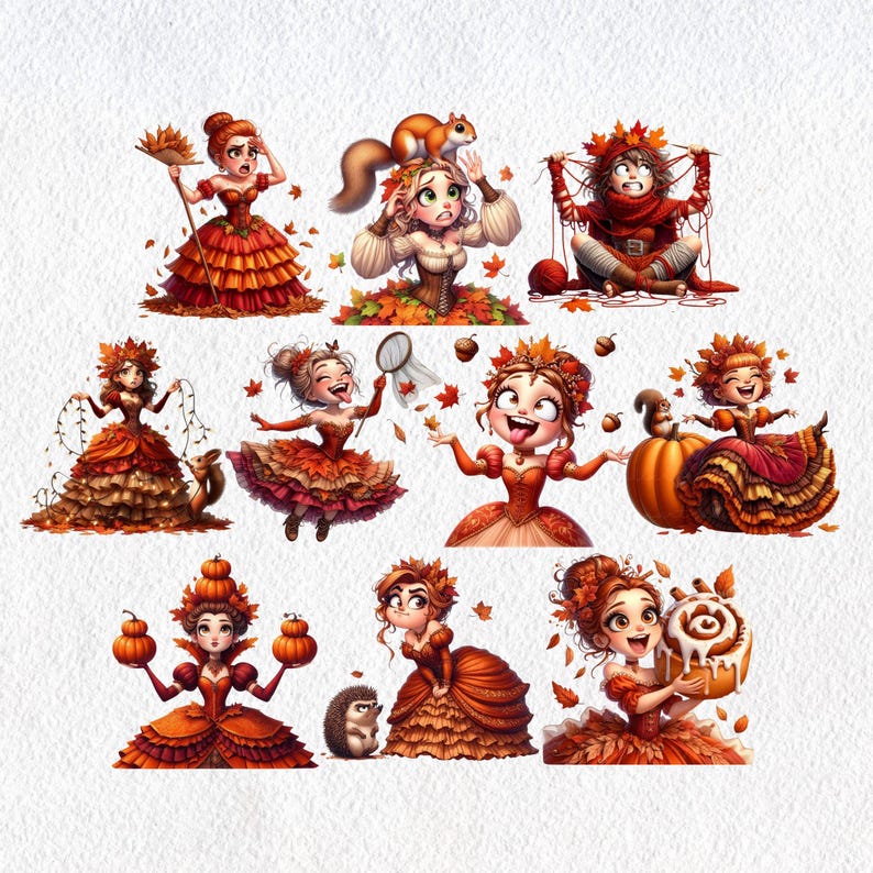 May include: A collection of whimsical illustrations featuring cartoon women in autumn-themed dresses. Each character is adorned with fall foliage and accessories, such as pumpkins, squirrels, and leaves. The color palette includes shades of orange, red, and brown.