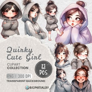 Quirky Watercolor Girl PNG Clipart Bundle, Whimsical Hoodie Characters, Playful, Cute & Curious Cartoon Girl Illustrations, Instant Download