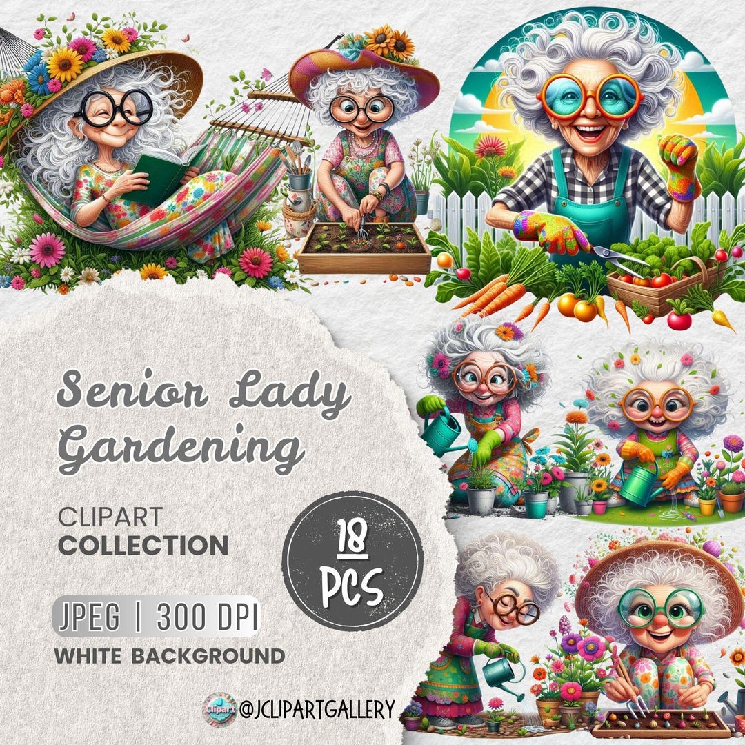Whimsical Grandma Gardening JPEG Clipart Bundle, Cute Senior Woman ...