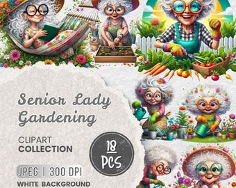 May include: A digital clipart collection of 18 illustrations featuring senior women gardening. The illustrations are in a cartoon style and feature bright colors and whimsical details. The women are shown tending to flowers, vegetables, and herbs. The text "Senior Lady Gardening" and "18 PCS" is included in the image.