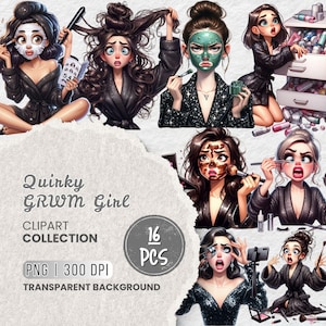 GRWM Girl Clipart, Quirky Self-Care Routine, Black Robe Makeup Character Illustration, Funny Girl Clipart, Sublimation, Scrapbooking, Crafts
