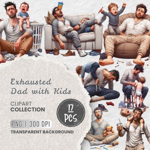 Erschöpft Papa mit Kinder Clipart, Vaterschaft Chaos, Vatertag Clipart, Papa Leben, lustige Elternschaft Clip Art, Aufkleber, Karten & Kunsthandwerk