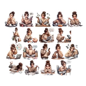 Puede incluir: Una colecci&oacute;n de 18 ilustraciones digitales que muestran a una mujer en varias poses y situaciones relacionadas con el presupuesto, las compras y las finanzas. Las ilustraciones est&aacute;n dibujadas en un estilo de dibujos animados con colores suaves y un toque caprichoso.
