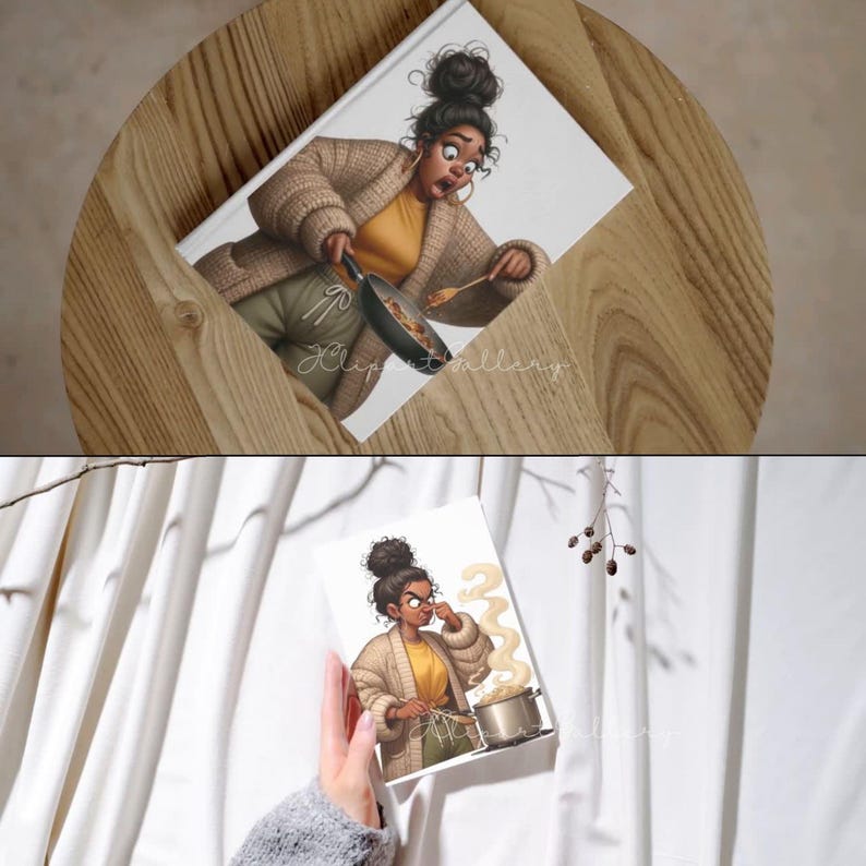 Puede incluir: Una impresi&oacute;n art&iacute;stica blanca con una ilustraci&oacute;n de dibujos animados de una mujer cocinando. La mujer lleva una camisa amarilla y una rebeca marr&oacute;n. La impresi&oacute;n tiene el texto "Klipet Gallery".