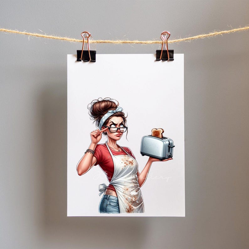 May include: Illustration of a woman in a red shirt and apron holding a silver toaster with a slice of toast. The woman is wearing glasses and has a stern expression. The image is clipped to a white paper with binder clips.
