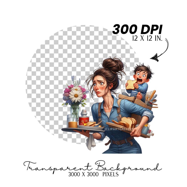 May include: A woman carrying a child on her back, both holding food and a bouquet of flowers. The woman is wearing a blue denim shirt and jeans. The child is wearing a white shirt and blue shorts. The image has a transparent background.