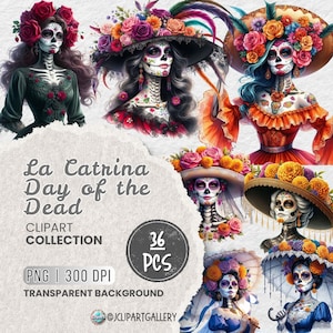 Paquete de imágenes prediseñadas PNG del Día de los Muertos de La Catrina, arte de calaveras del Día de los Muertos, ilustraciones florales de esqueletos mexicanos, perfecto para manualidades y decoración