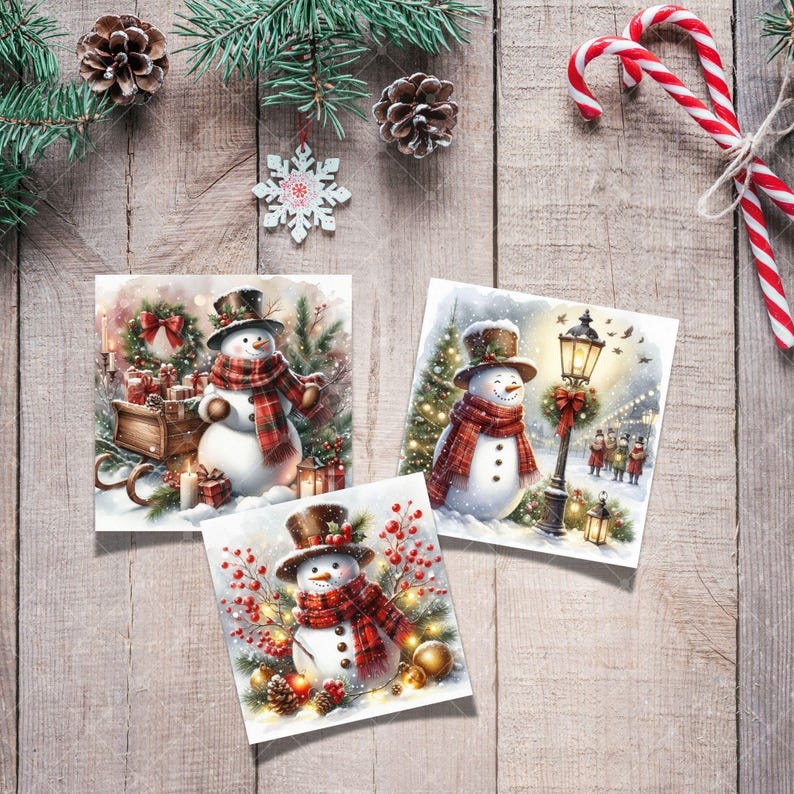 May include: Three square Christmas cards featuring watercolor snowmen wearing top hats and plaid scarves. The cards are decorated with festive scenes, including gifts, a lamppost, and holiday greenery. The cards are arranged on a wooden surface with pinecones and candy canes.