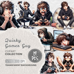 May include: A digital clipart collection of 19 quirky gamer guys in various poses. The characters are illustrated in a cartoon style with colorful clothing and accessories. The background is transparent.