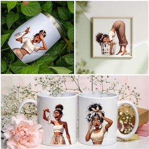 May include: A collection of white ceramic mugs, a stainless steel tumbler, and a framed print, all featuring illustrations of a woman in various states of distress. The artwork depicts the woman reacting to cleaning products, laundry, and other household tasks.