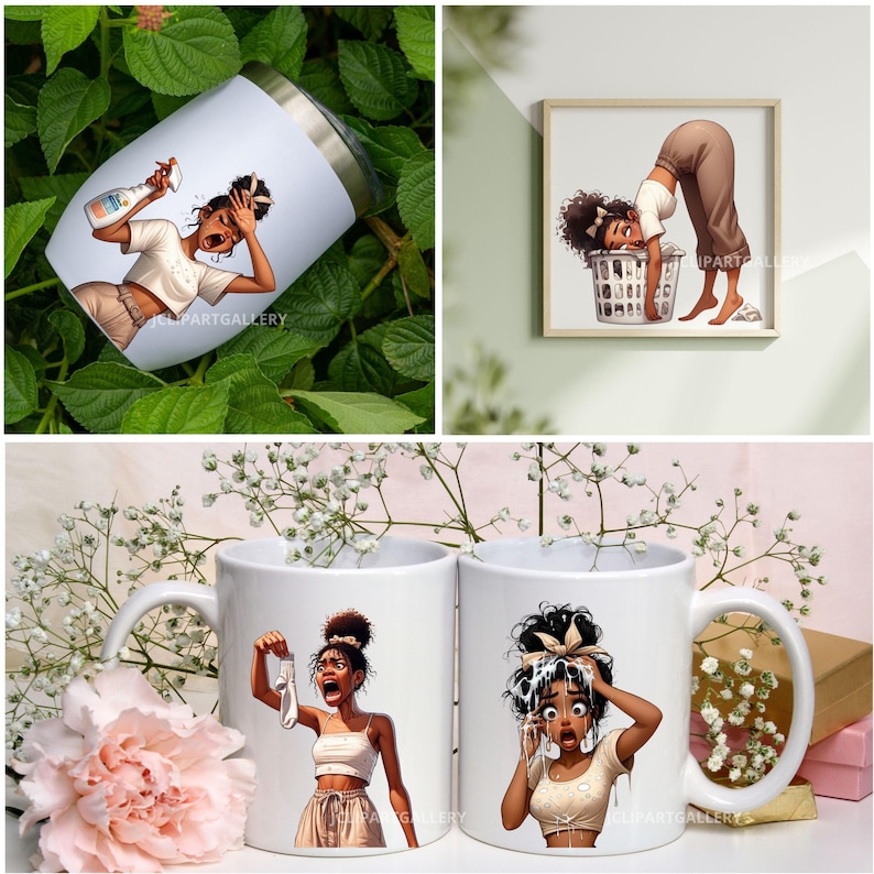 May include: A collection of white ceramic mugs, a stainless steel tumbler, and a framed print, all featuring illustrations of a woman in various states of distress. The artwork depicts the woman reacting to cleaning products, laundry, and other household tasks.