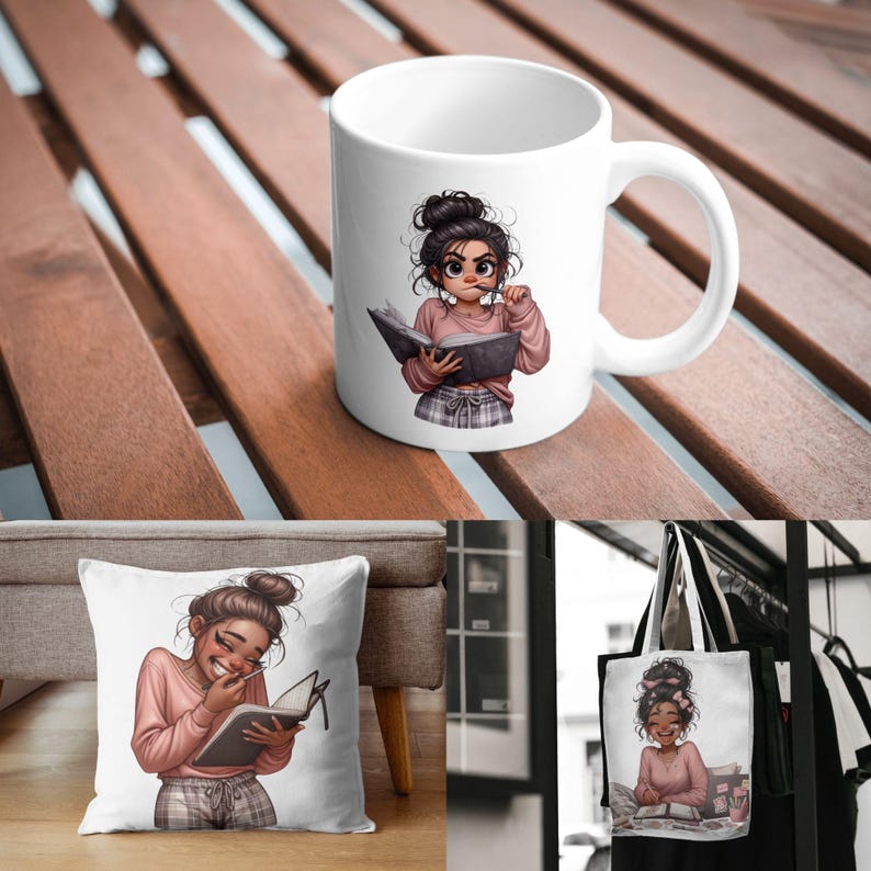 Peut inclure: Mug en c&eacute;ramique blanche, coussin et sac fourre-tout avec une illustration de dessin anim&eacute; d'une personne aux cheveux fonc&eacute;s lisant un livre. La personne porte un pull rose et un pantalon &agrave; carreaux. La tasse a une anse blanche.