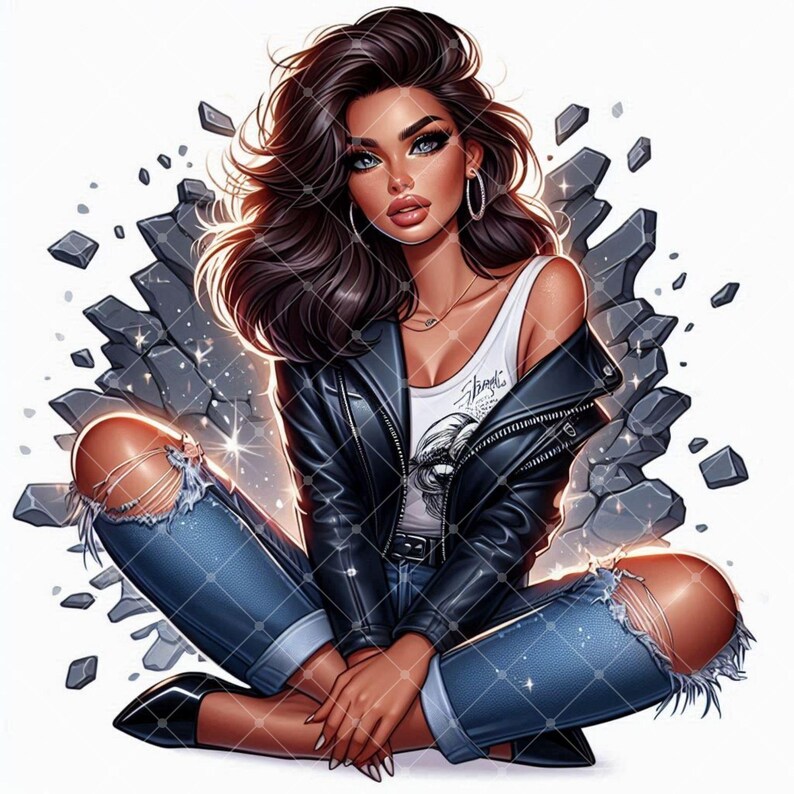 May include: A woman with long dark hair is wearing a black leather jacket, ripped blue jeans, and a white tank top with a graphic print. She is sitting with her legs crossed and her hands in her lap. The background is a broken wall with a gray and white color scheme.